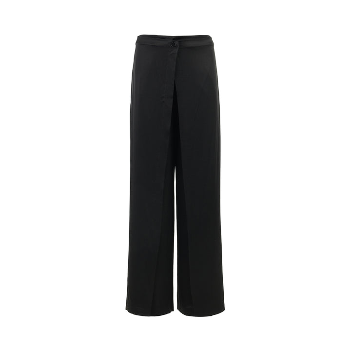 Black wide-leg crepe acetate trousers with a front pleat and single-button waist, shown from the front
