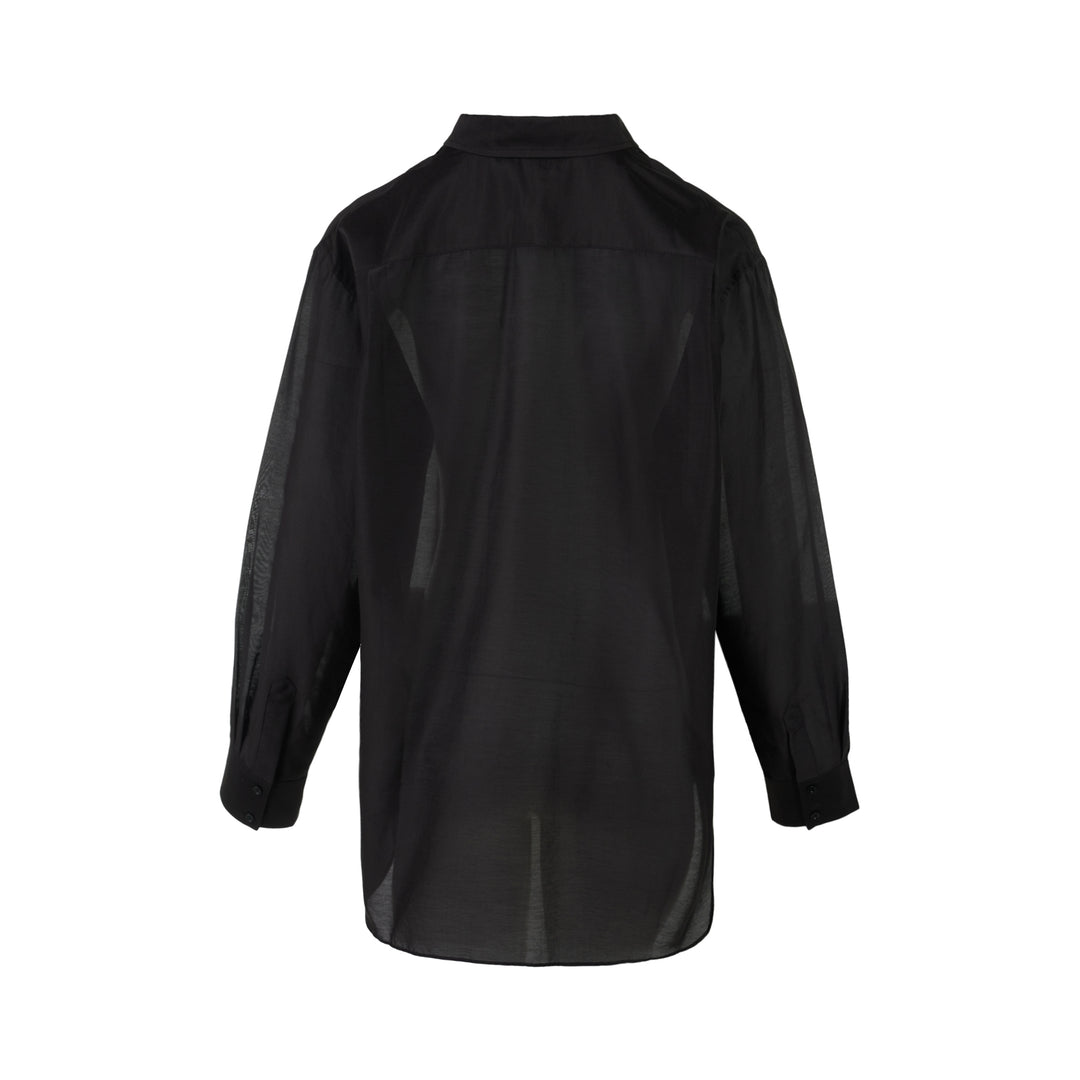 Black sheer silk-cotton Soline shirt with pleated tuxedo-style bib, pointed collar, concealed placket and long sleeves - view 2