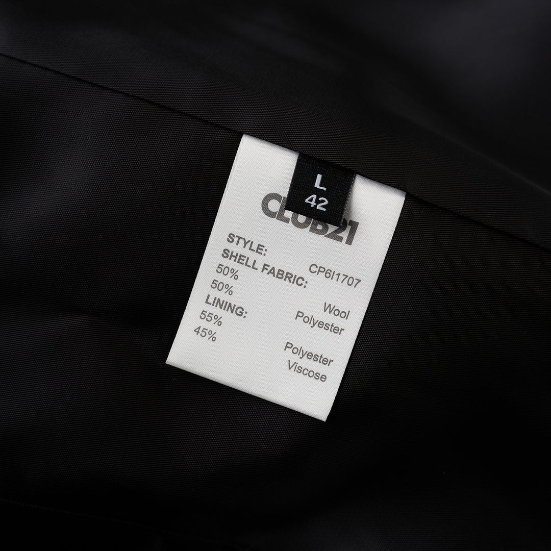 Black cropped collarless jacket in satorial wool mix with asymmetric overlapping front and chest welt pocket - view 3