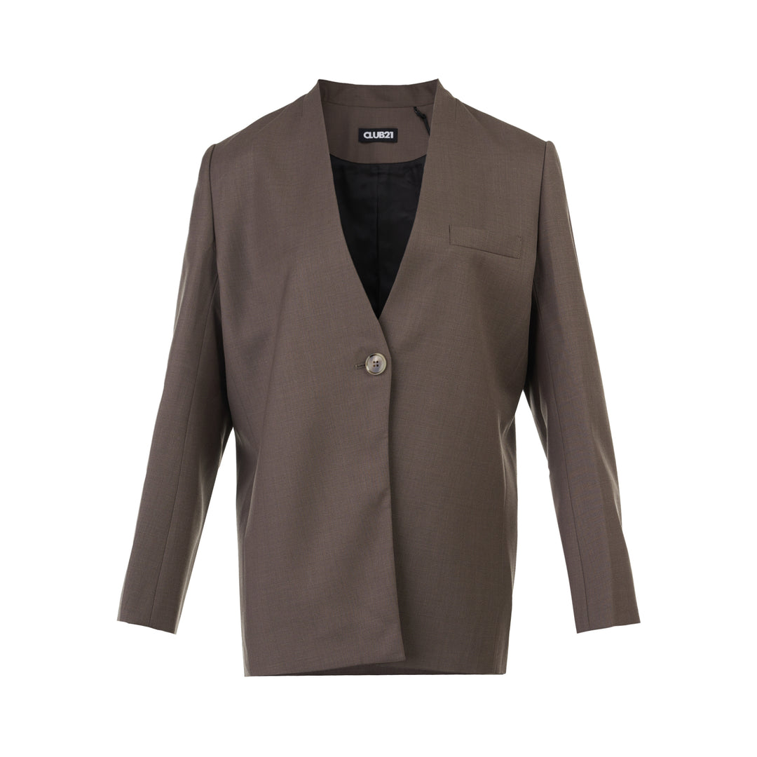 Club21 Collection Tess collarless wool blend blazer in taupe brown with single button closure and chest welt pocket
