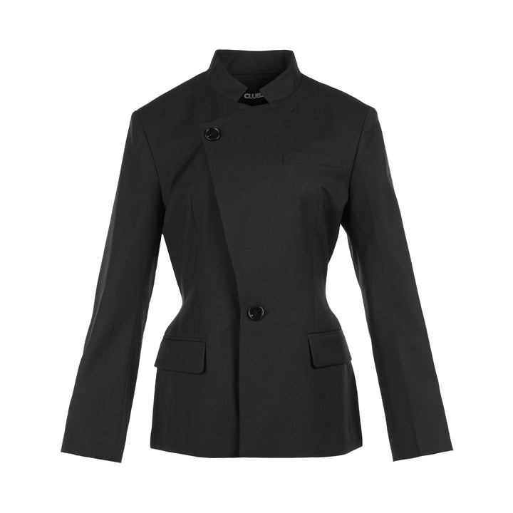 Black wool-mix tailored jacket with asymmetric button front, stand collar, welt chest pocket and flap hip pockets