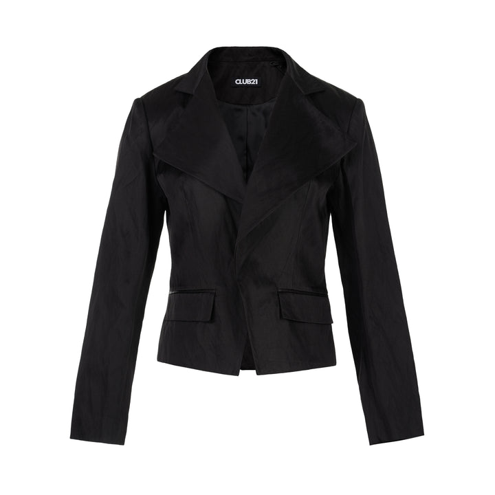 Black cropped blazer with oversized notched lapels, open front and flap pockets in a crinkled steel wire cotton-rayon fabric