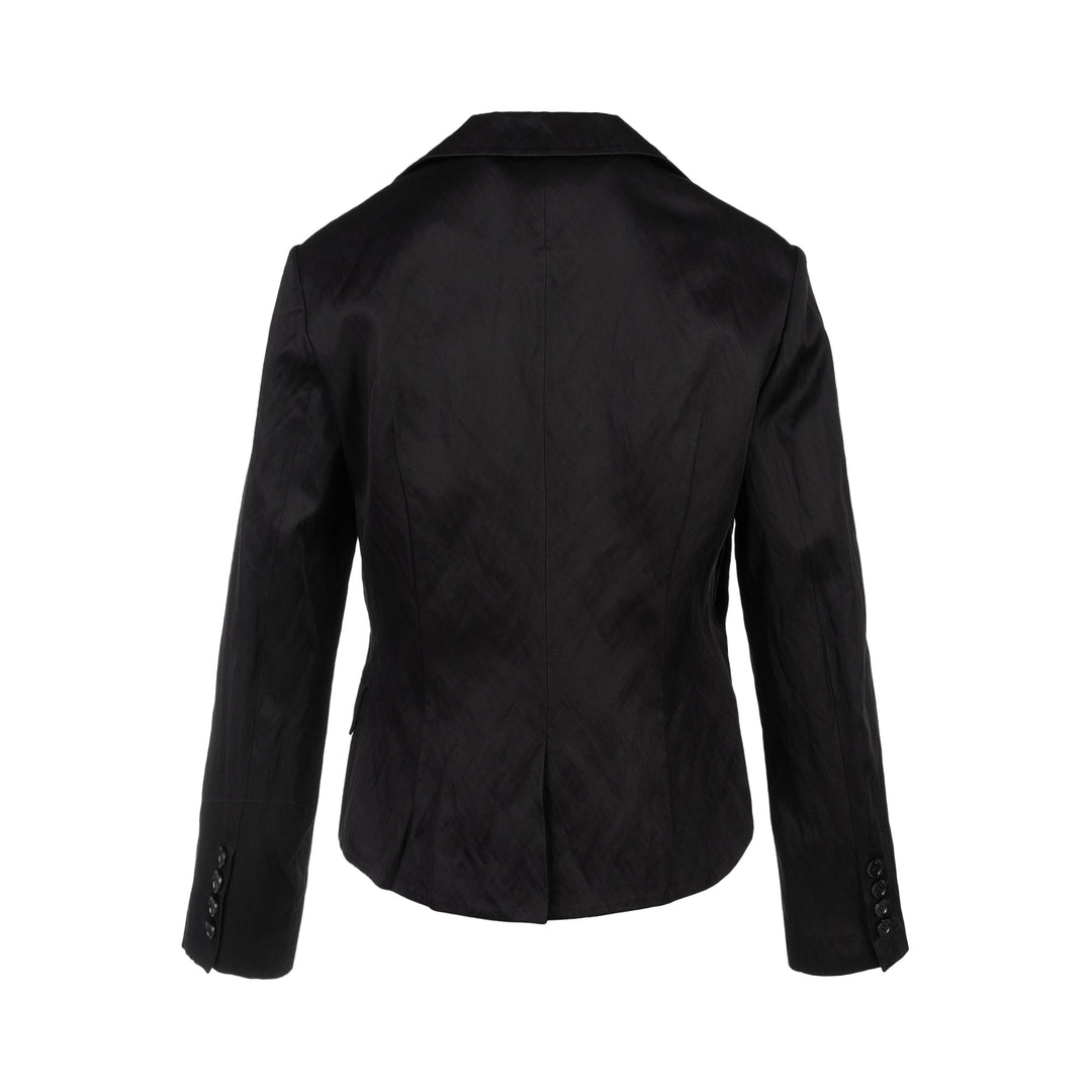 Black cropped blazer with oversized notched lapels, open front and flap pockets in a crinkled steel wire cotton-rayon fabric - view 2