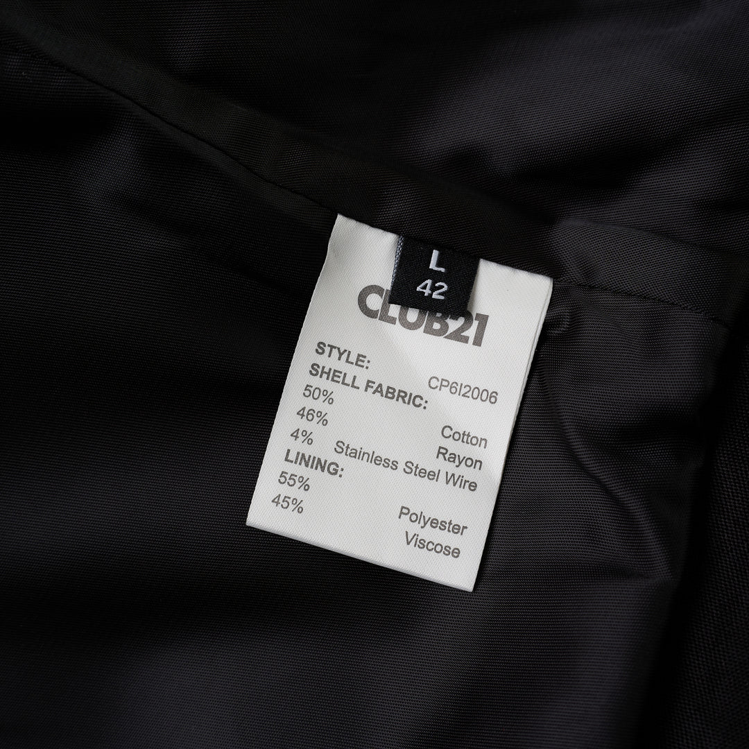 Black cropped blazer with oversized notched lapels, open front and flap pockets in a crinkled steel wire cotton-rayon fabric - view 3