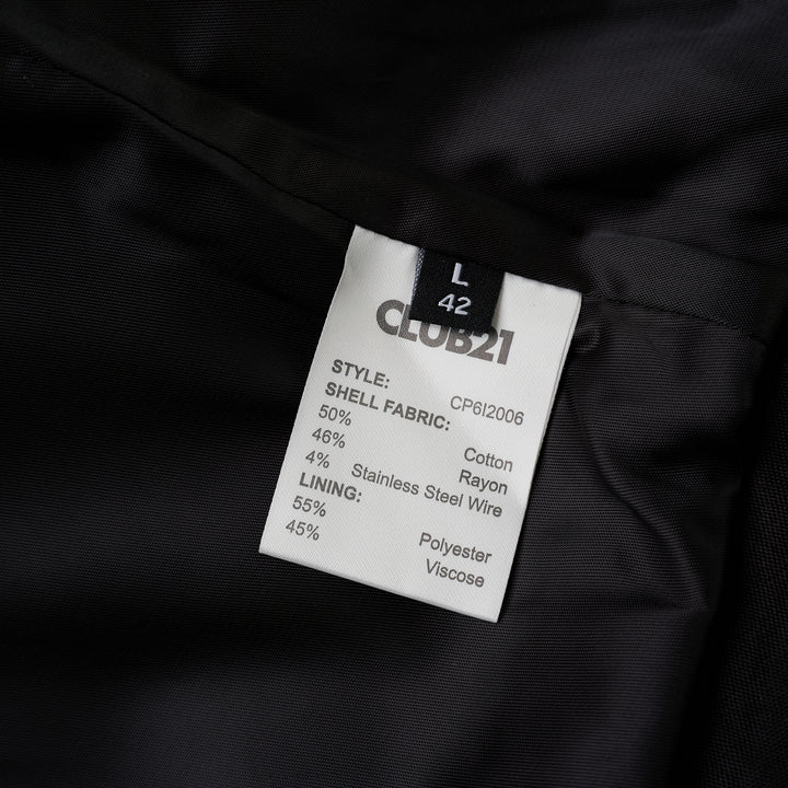 Black cropped blazer with oversized notched lapels, open front and flap pockets in a crinkled steel wire cotton-rayon fabric - view 3