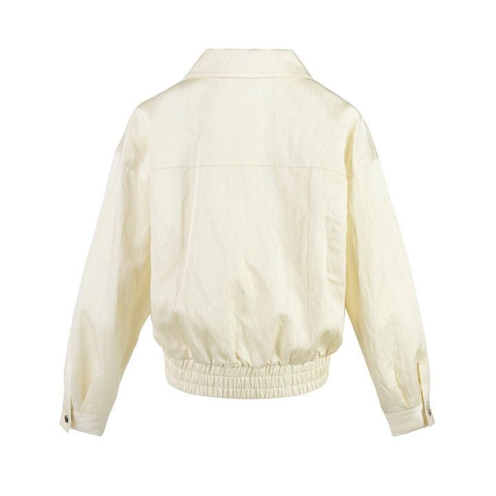 Cream cropped bomber jacket in crinkled cotton rayon with flap chest pockets, snap-button collar and elasticated hem - view 2