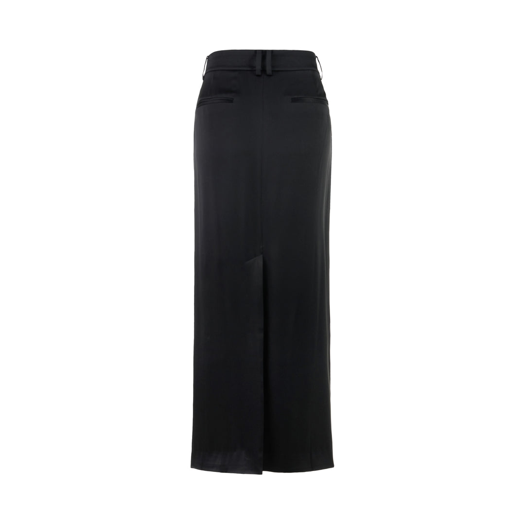 Black high-waisted maxi skirt in crepe acetate mix with tailored waistband and belt loops, shown from the front - view 2