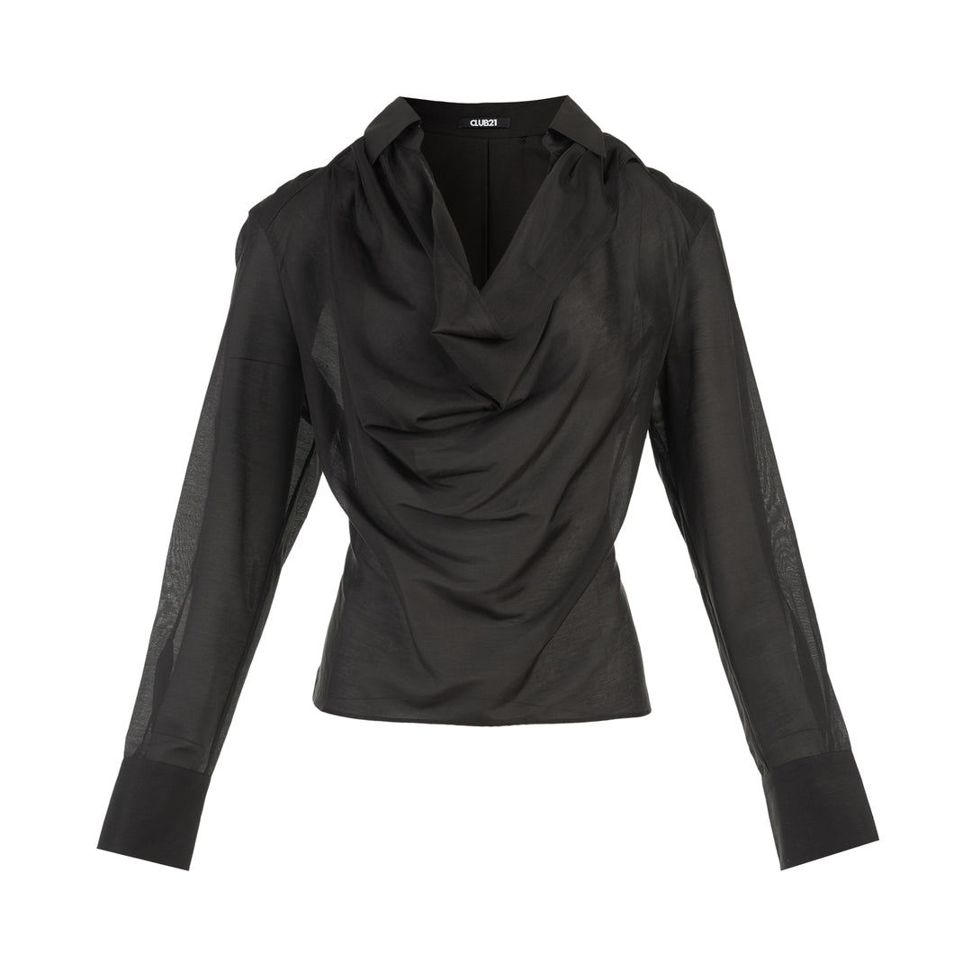 Club21 Collection Juliette black semi-sheer silk cotton blouse with draped cowl neckline, open collar and long sleeves with wide cuffs