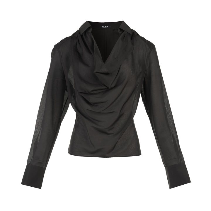 Club21 Collection Juliette black semi-sheer silk cotton blouse with draped cowl neckline, open collar and long sleeves with wide cuffs