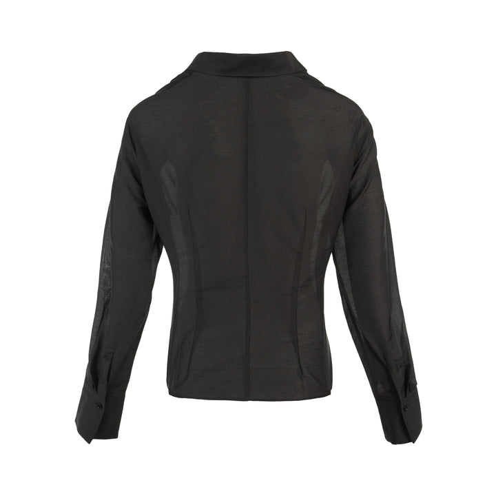 Club21 Collection Juliette black semi-sheer silk cotton blouse with draped cowl neckline, open collar and long sleeves with wide cuffs - view 2