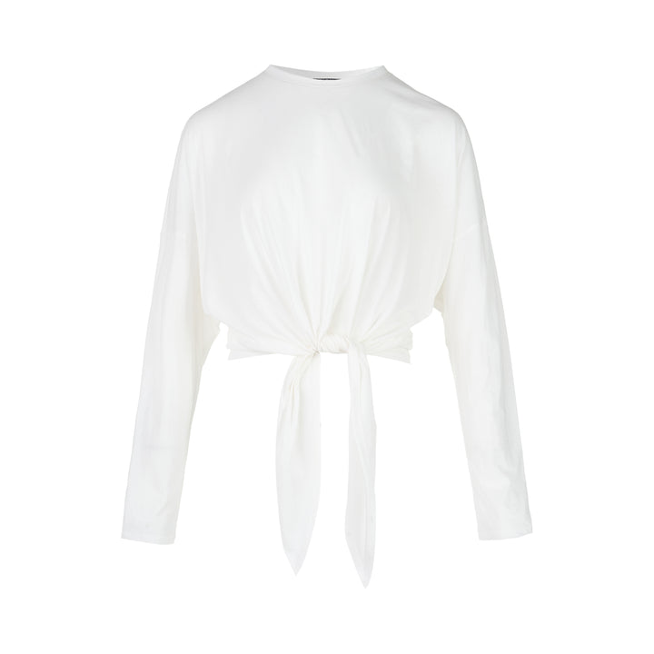 White long sleeve cotton jersey top with crew neckline, dropped shoulders and a knotted tie detail at the front hem