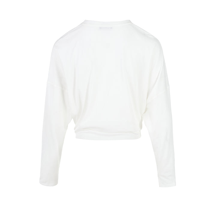 White long sleeve cotton jersey top with crew neckline, dropped shoulders and a knotted tie detail at the front hem - view 2