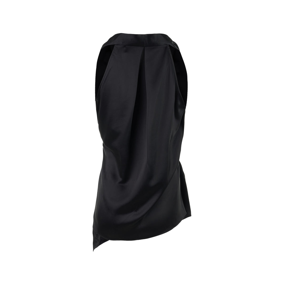 Black sleeveless satin wrap top with a V-neckline, tie waist and asymmetric draped hem from Club21 Collection - view 2