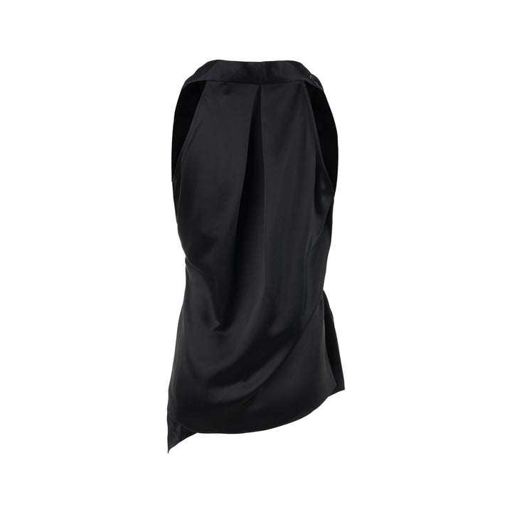 Black sleeveless satin wrap top with a V-neckline, tie waist and asymmetric draped hem from Club21 Collection - view 2