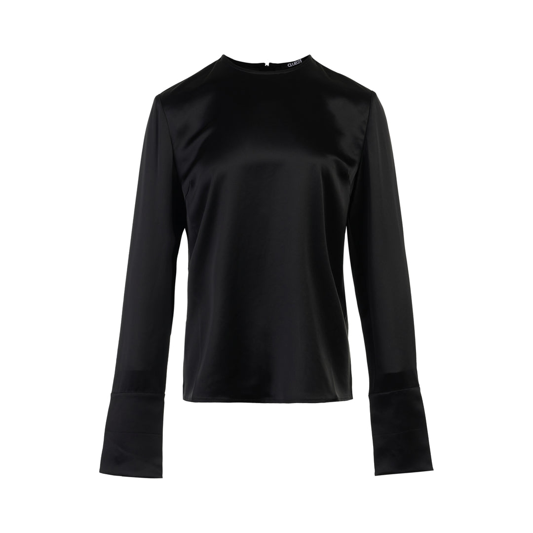 Black matte satin long-sleeve blouse with crew neckline and wide cuffs, shown flat from the front