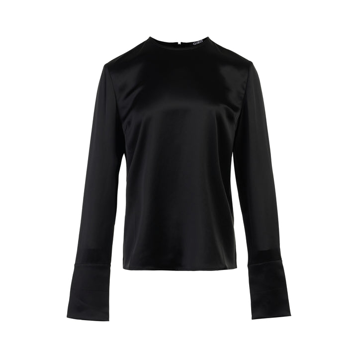 Black matte satin long-sleeve blouse with crew neckline and wide cuffs, shown flat from the front