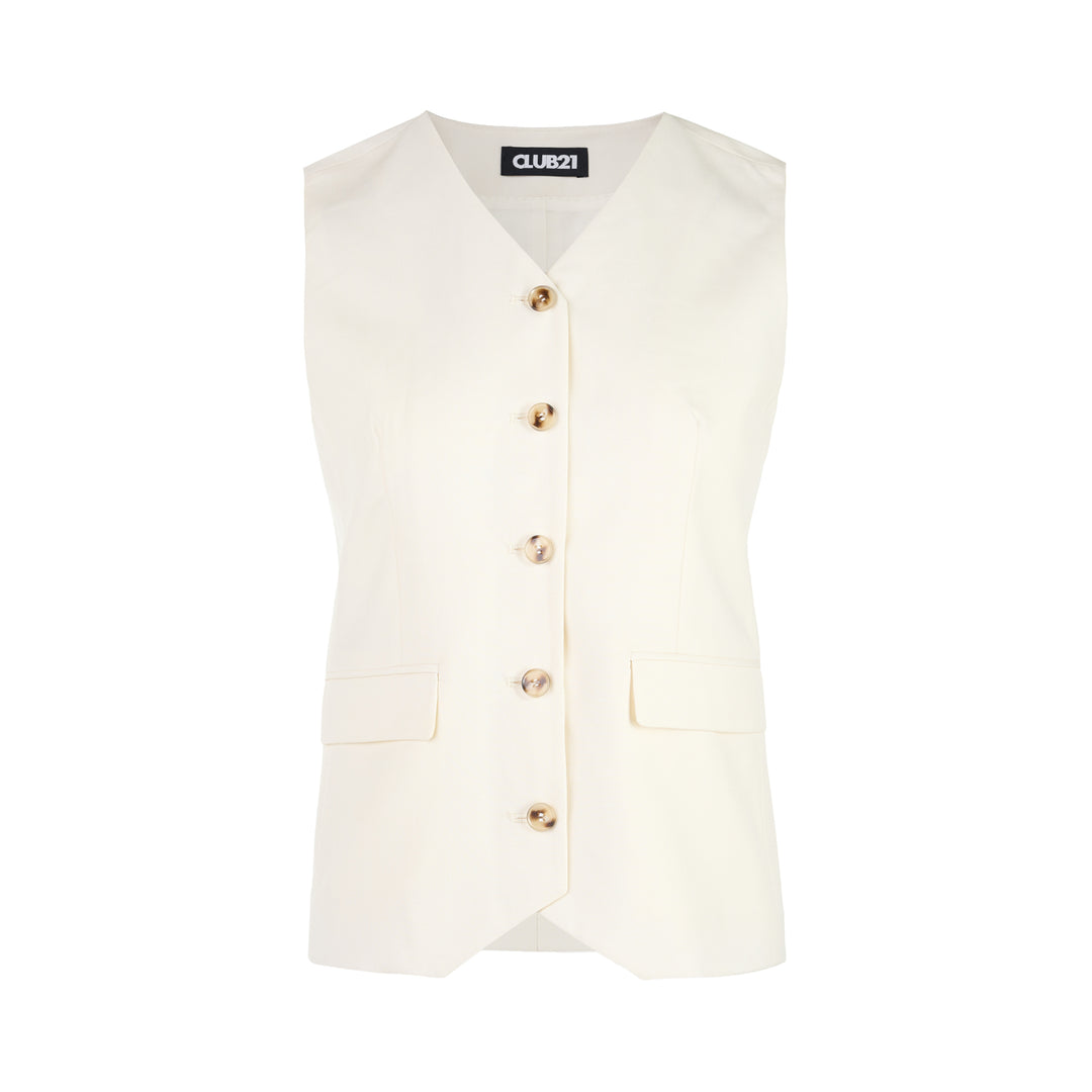 Cream wool-blend tailored vest with V-neckline, five tortoiseshell-effect buttons and two flap pockets, shown from the front