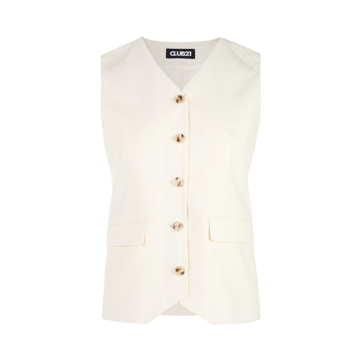 Cream wool-blend tailored vest with V-neckline, five tortoiseshell-effect buttons and two flap pockets, shown from the front