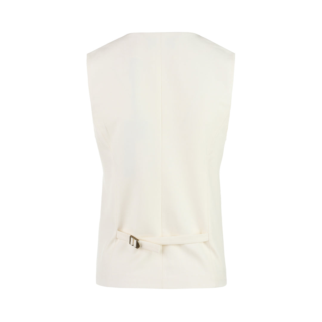 Cream wool-blend tailored vest with V-neckline, five tortoiseshell-effect buttons and two flap pockets, shown from the front - view 2