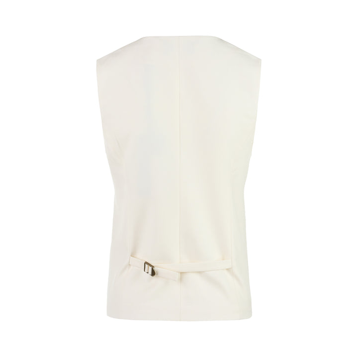 Cream wool-blend tailored vest with V-neckline, five tortoiseshell-effect buttons and two flap pockets, shown from the front - view 2