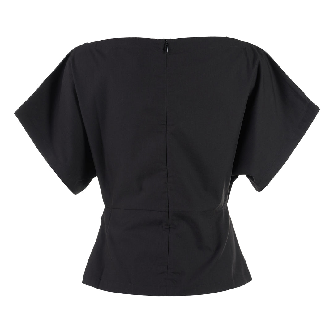 Black boat-neck short-sleeve top in light stretch rayon linen with kimono sleeves and gathered waist detail - view 2