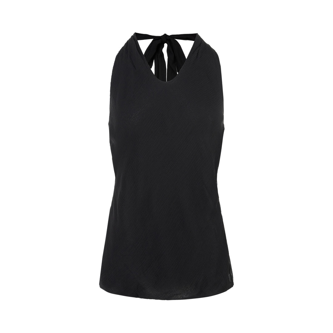 Black sleeveless halter top in crinkled silk-blend fabric with a scooped neckline and self-tie open back