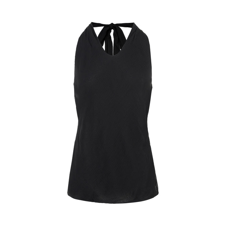 Black sleeveless halter top in crinkled silk-blend fabric with a scooped neckline and self-tie open back