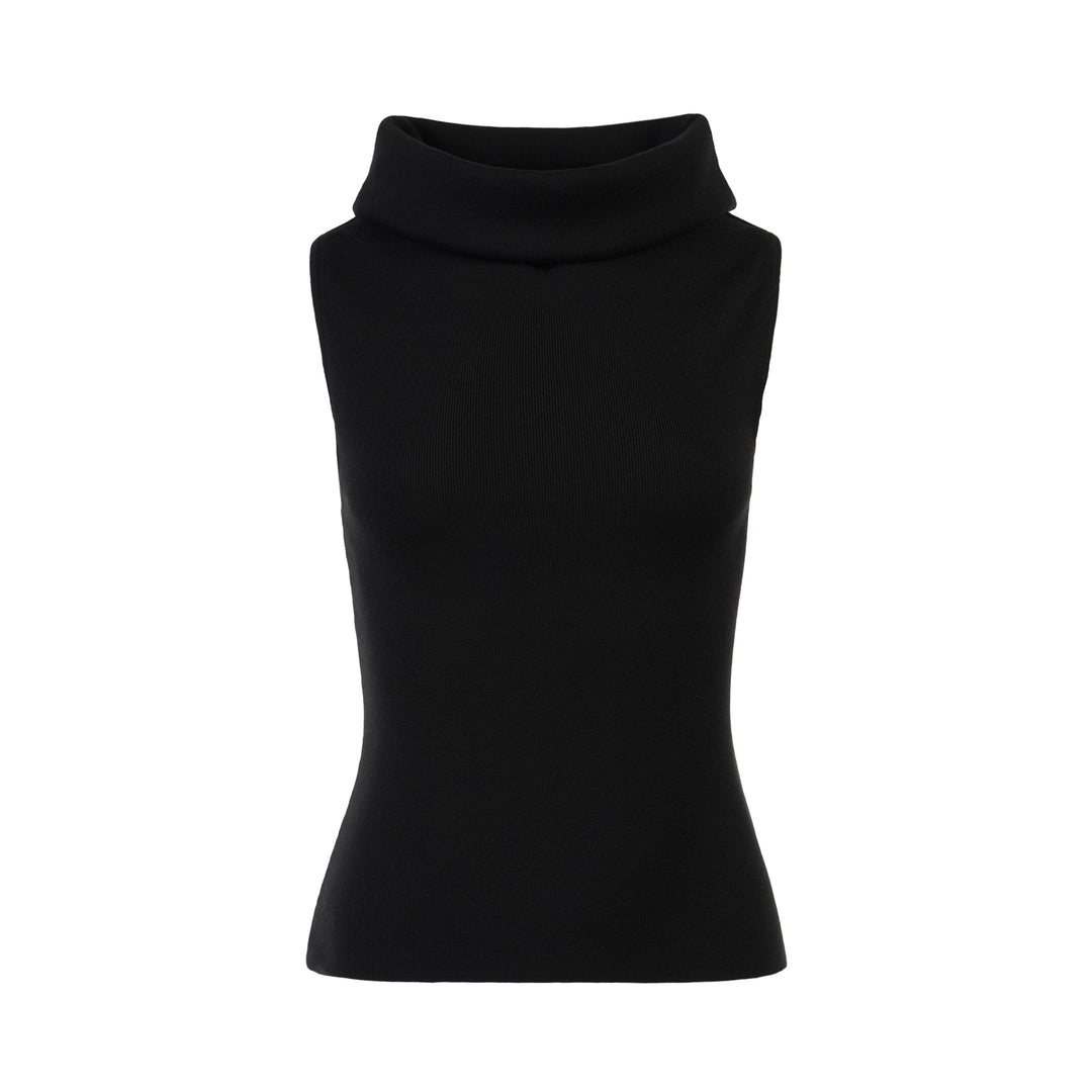 Black sleeveless roll neck knit top in fine ribbed silk cotton yarn, shown flat from the front