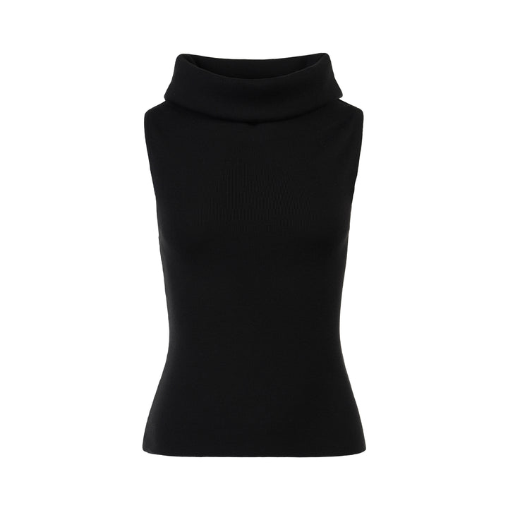 Black sleeveless roll neck knit top in fine ribbed silk cotton yarn, shown flat from the front
