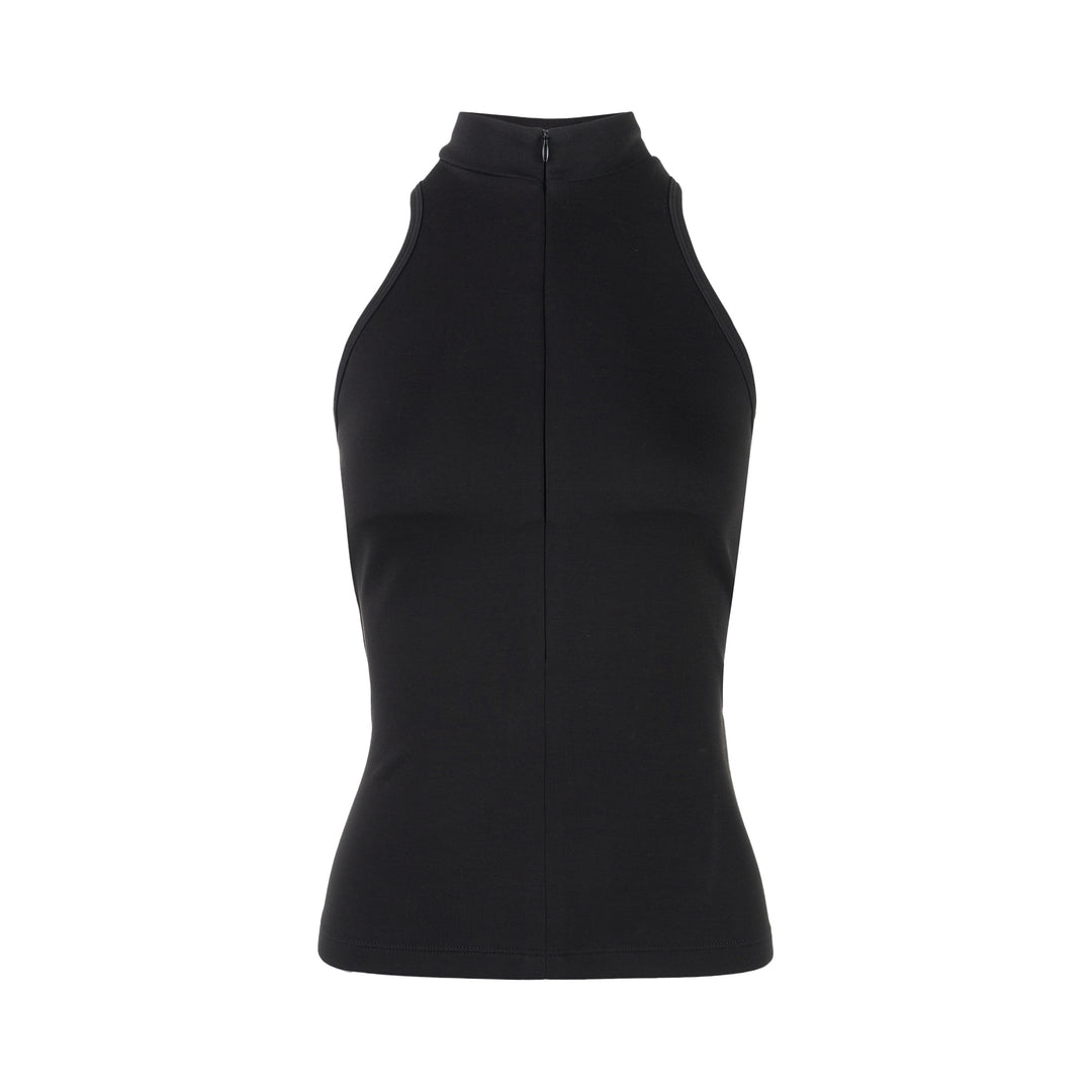 Black sleeveless high-neck stretch modal jersey top with a concealed centre back zip, shown from the back