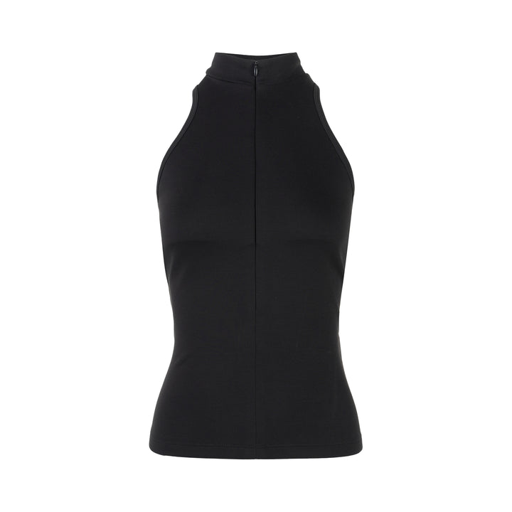 Black sleeveless high-neck stretch modal jersey top with a concealed centre back zip, shown from the back