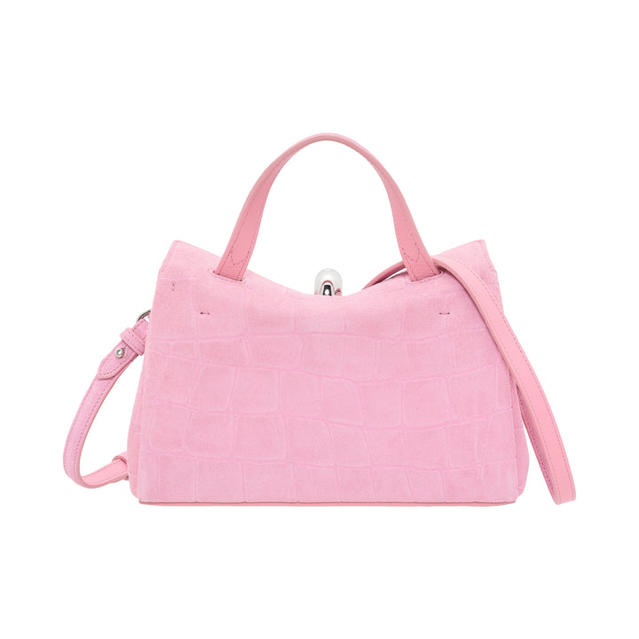 Jacquemus Le Petit Valerie handbag in pink croc-embossed leather with rolled top handle, adjustable crossbody strap, and silver turn-lock closure - view 3