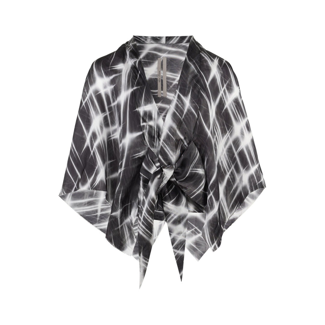 Rick Owens Half Moon wrap top in a black and white starburst print with a kimono-style silhouette and knotted tie front
