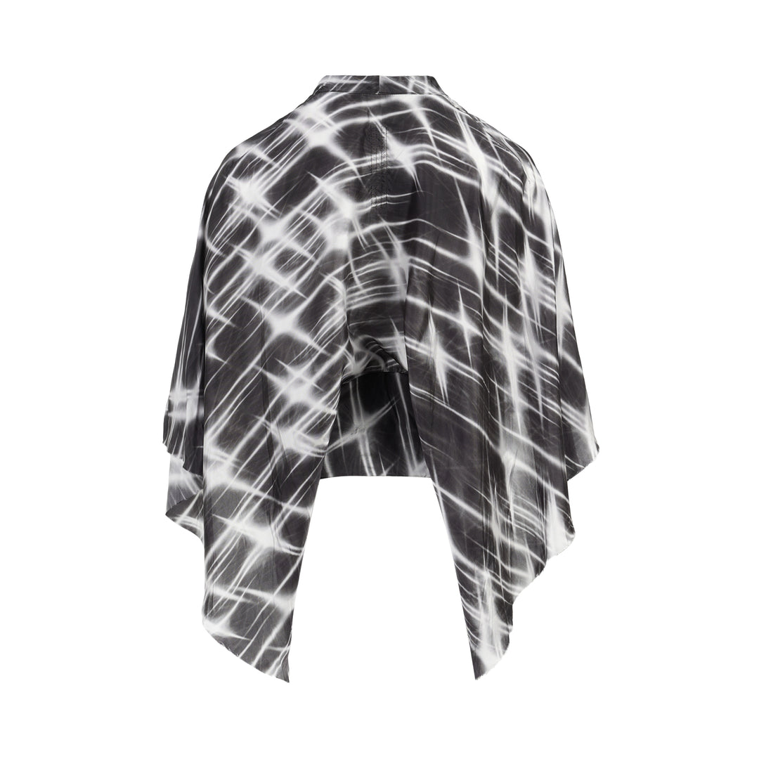 Rick Owens Half Moon wrap top in a black and white starburst print with a kimono-style silhouette and knotted tie front - view 2