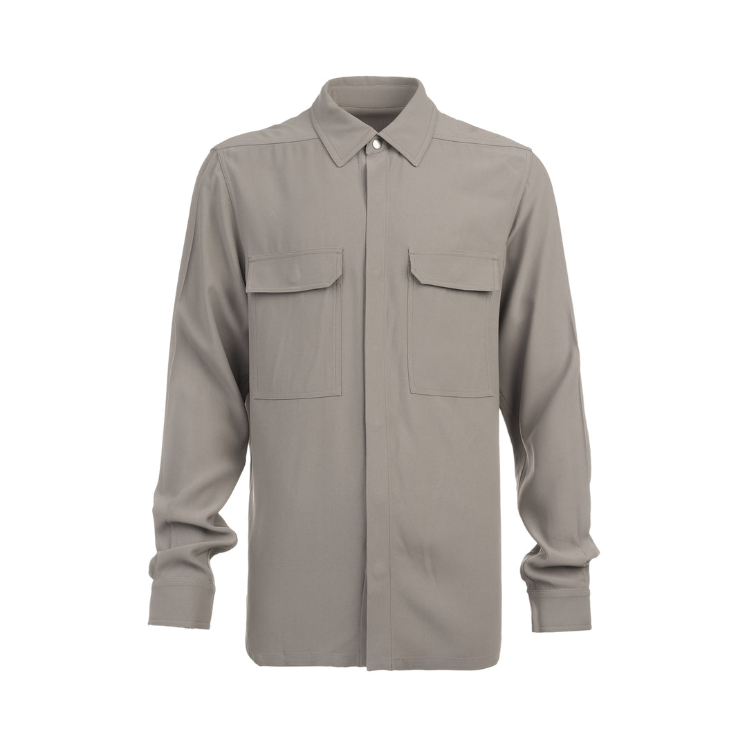 Rick Owens Heavy Cady Long Sleeve Outershirt in taupe-grey with concealed snap placket, dual flap chest pockets, and oversized silhouette