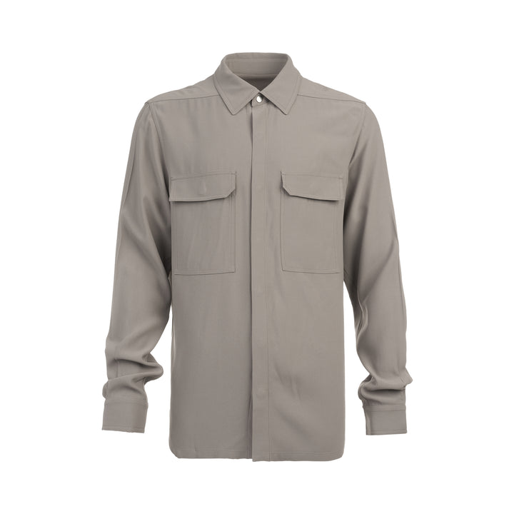 Rick Owens Heavy Cady Long Sleeve Outershirt in taupe-grey with concealed snap placket, dual flap chest pockets, and oversized silhouette