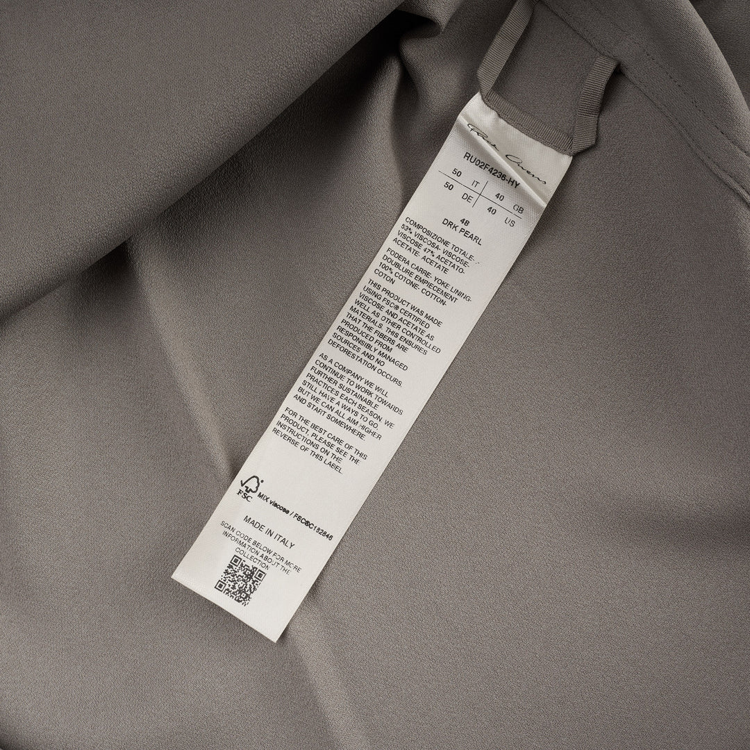Rick Owens Heavy Cady Long Sleeve Outershirt in taupe-grey with concealed snap placket, dual flap chest pockets, and oversized silhouette - view 3