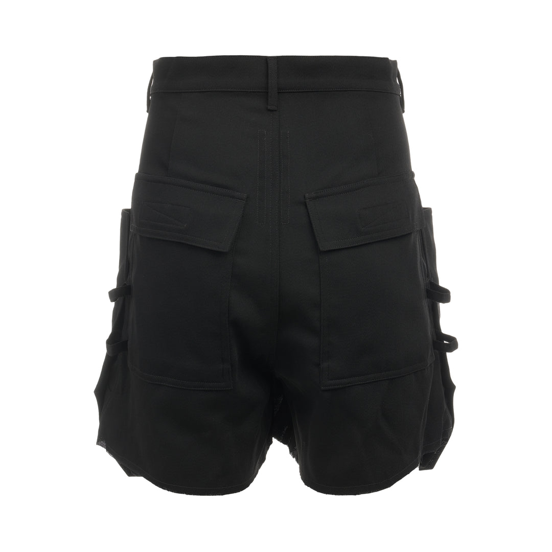 Rick Owens Stefan Cargo Twisted Shorts in black, featuring oversized patch pockets, raw-hem leg openings, and a silver snap button fastening at the waistband - view 2