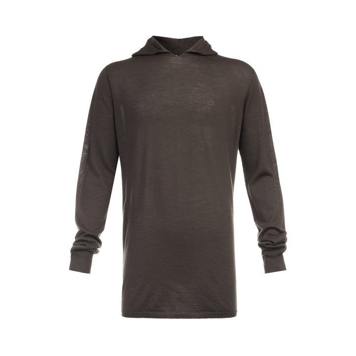 Rick Owens Oversize Knit Hoodie in dark taupe, featuring a fine-gauge semi-sheer knit, elongated body, unstructured hood, and ribbed cuffs with a gathered finish