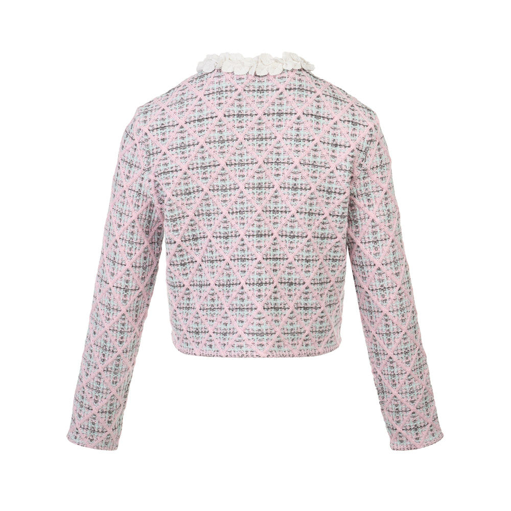 Self-Portrait pink check knit cardigan with white ruffle collar, diamond lattice overlay in blush, mint and grey tones, cropped fitted silhouette with long sleeves - view 2