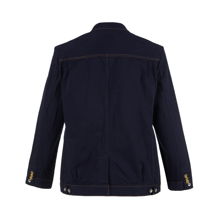 sacai indigo denim blazer jacket with notched lapels, contrast golden topstitching, flap chest pockets and gold anchor buttons - view 2