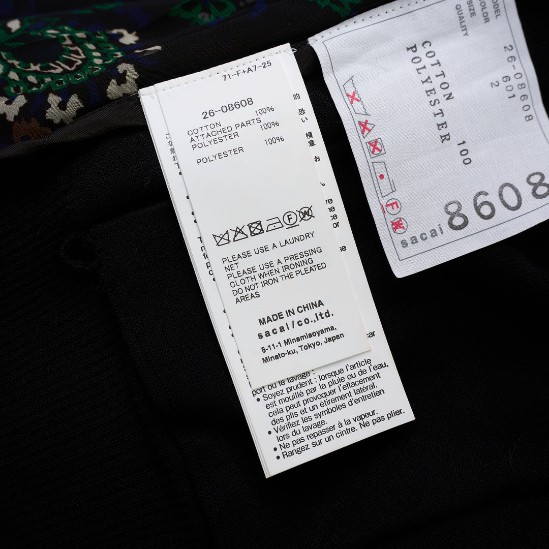 sacai black cotton knit cardigan with V-neckline, button front, patch pockets and a pleated sheer floral-print back panel - view 3