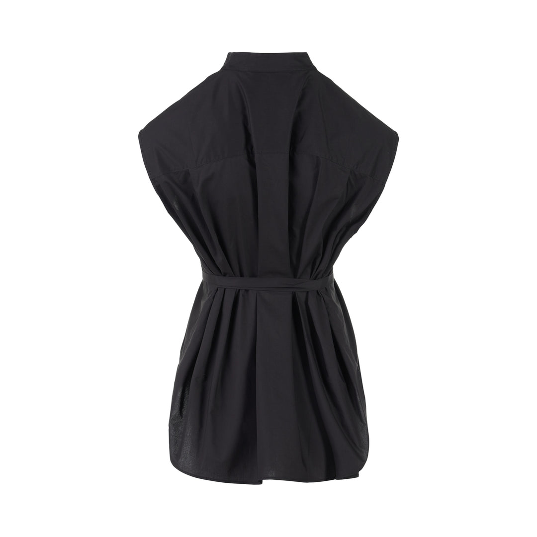 Black sleeveless cotton shirt with pintucked bib front, mandarin collar and self-fabric waist tie - view 2