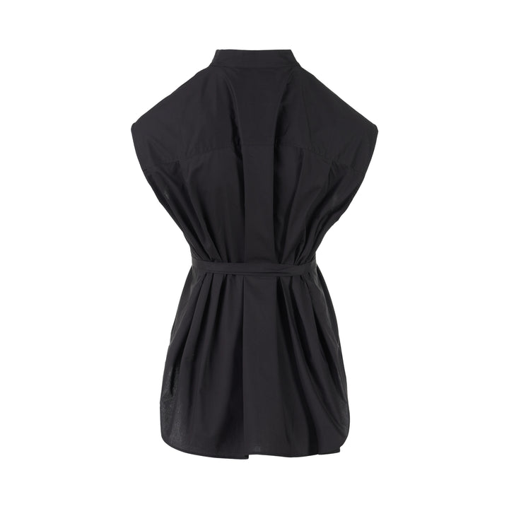 Black sleeveless cotton shirt with pintucked bib front, mandarin collar and self-fabric waist tie - view 2