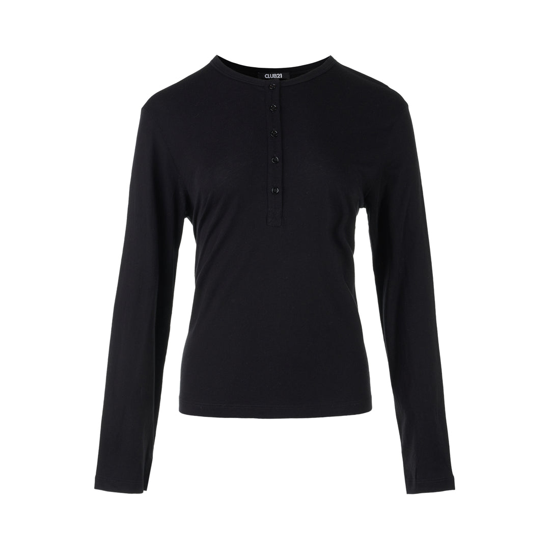 Black long sleeve cotton jersey Henley top with round neckline and five-button placket from Club21 Collection