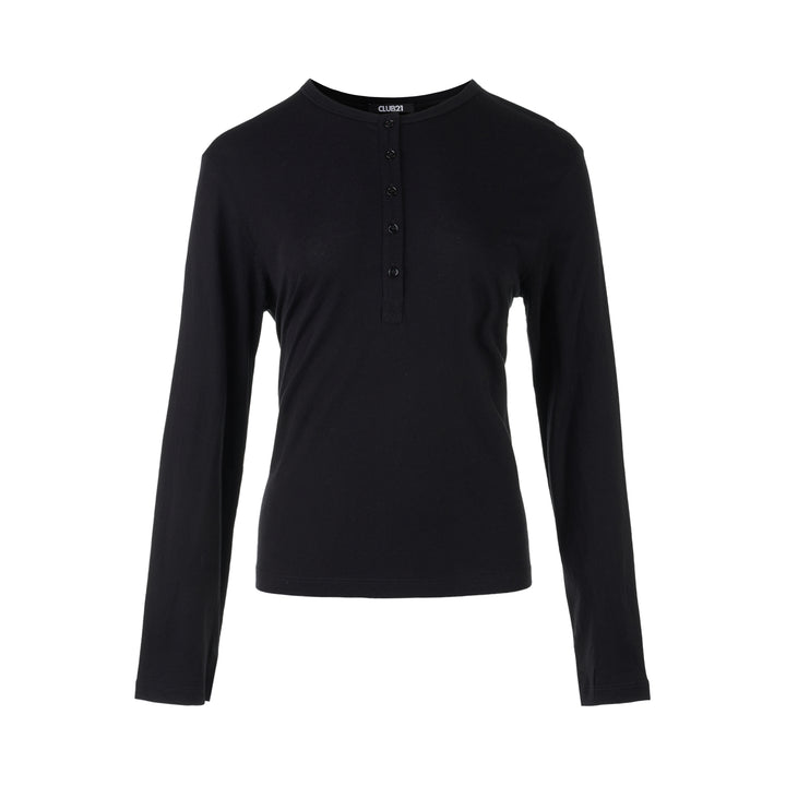 Black long sleeve cotton jersey Henley top with round neckline and five-button placket from Club21 Collection