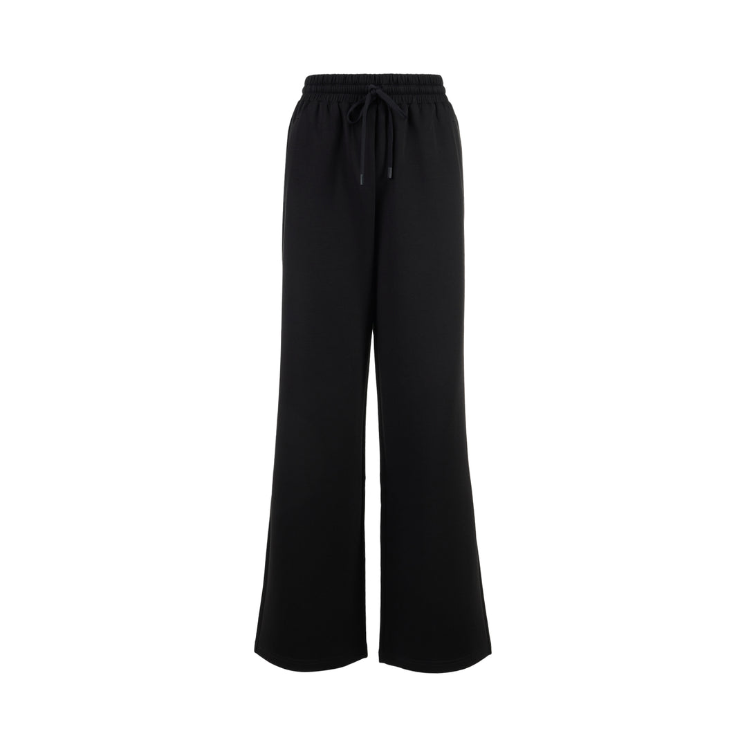 Black wide-leg Lena pants in high-stretch modal jersey with an elasticated drawstring waistband, shown from the front