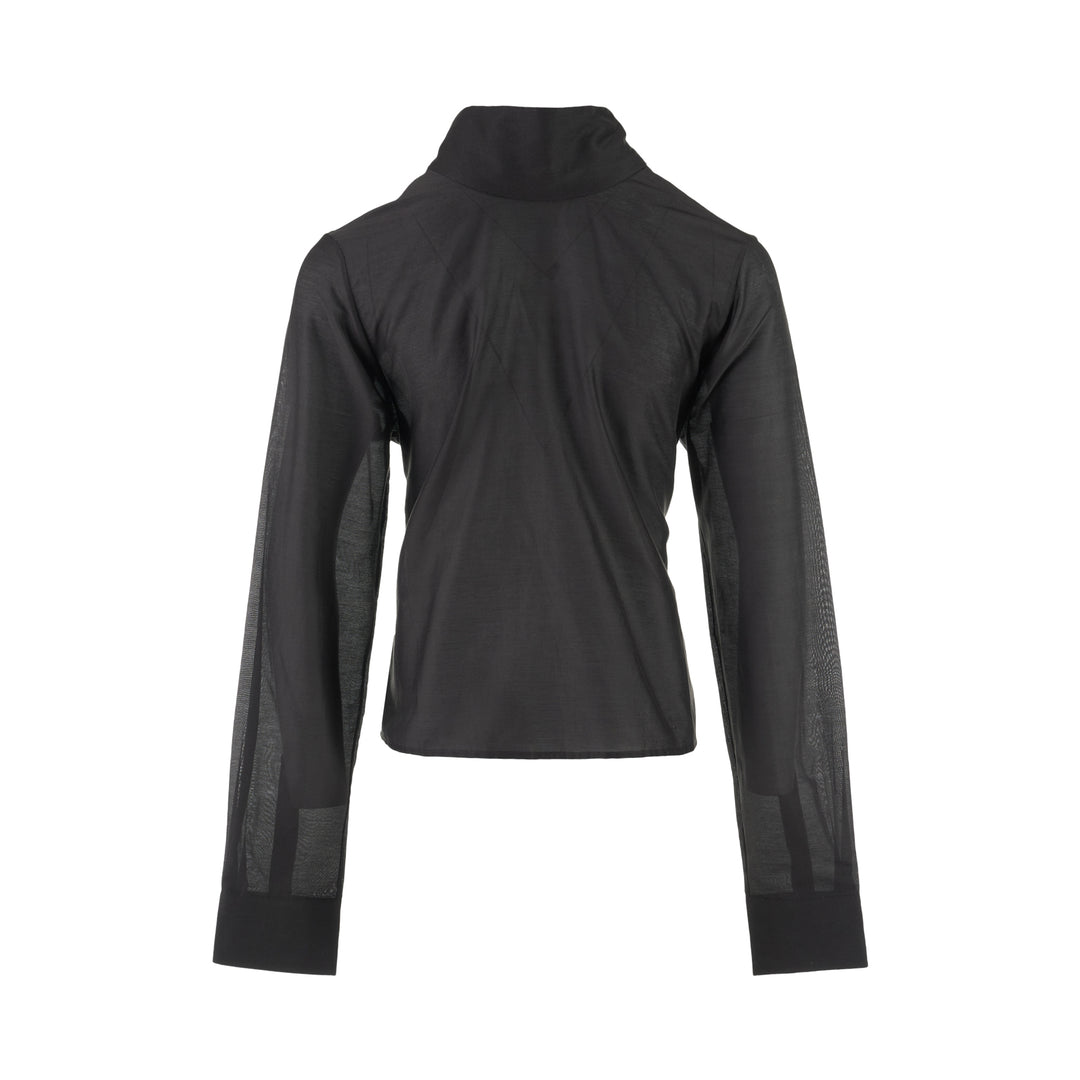 Black sheer silk cotton button-up shirt with stand collar and extended long sleeve cuffs, front view - view 2