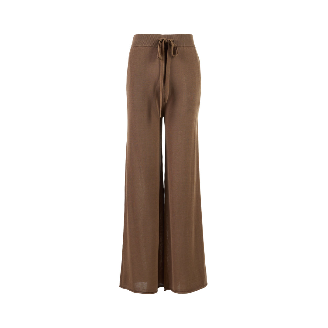 Brown wide-leg knit pants with a ribbed high waistband and drawstring tie, shown from the front on a white background