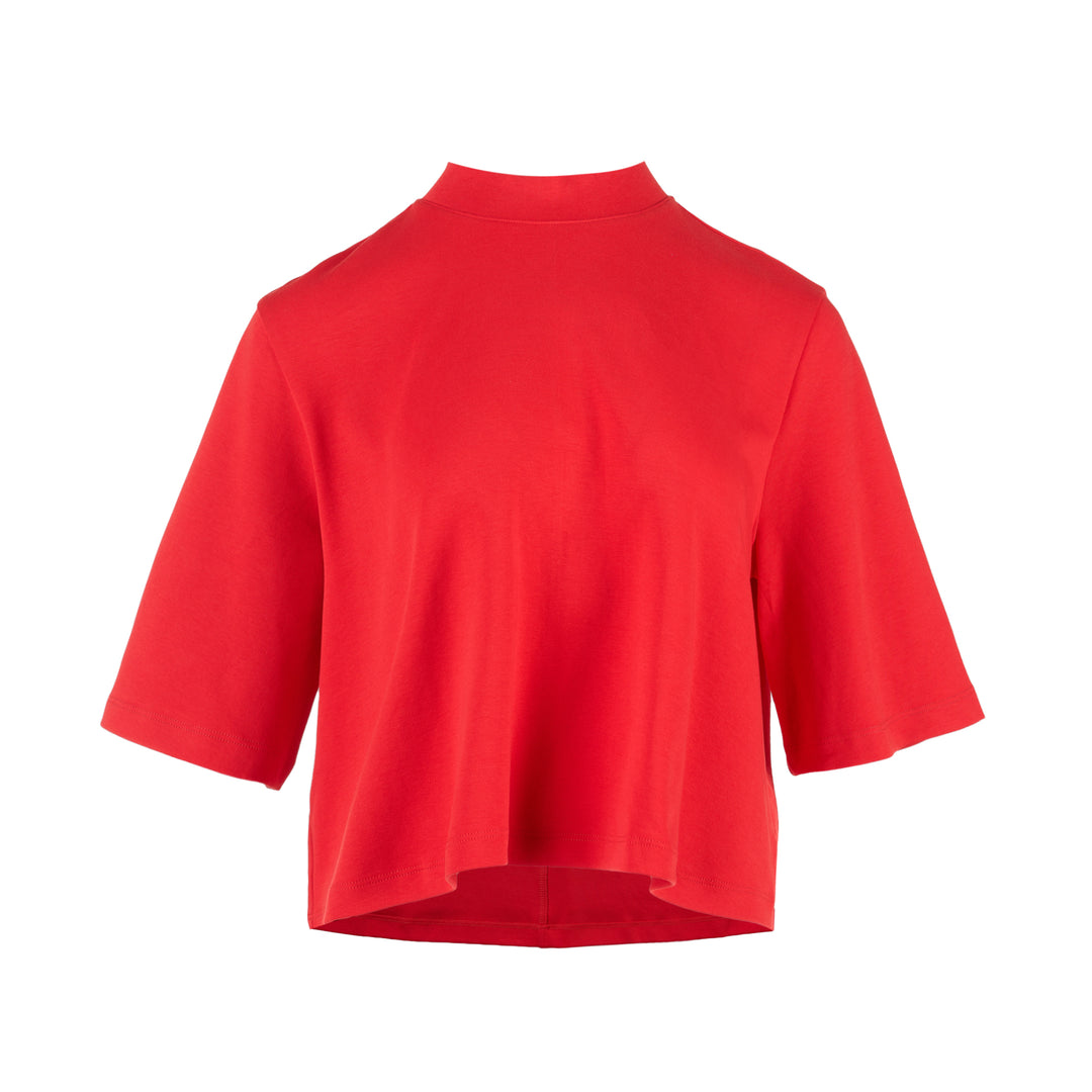 Red cropped cotton spandex jersey tee with mock neckline and elbow-length sleeves, shown front view